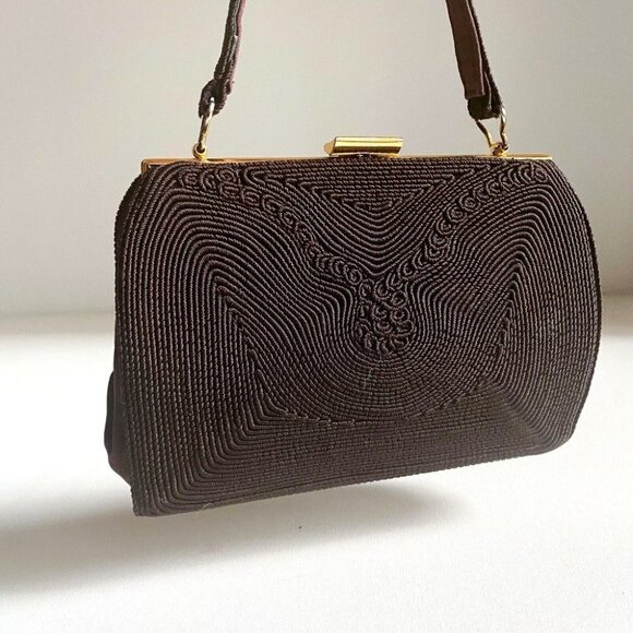 Vintage Chocolate Brown Cordé Textured Fabric Detail Small Evening Handbag \ - Picture 2 of 8